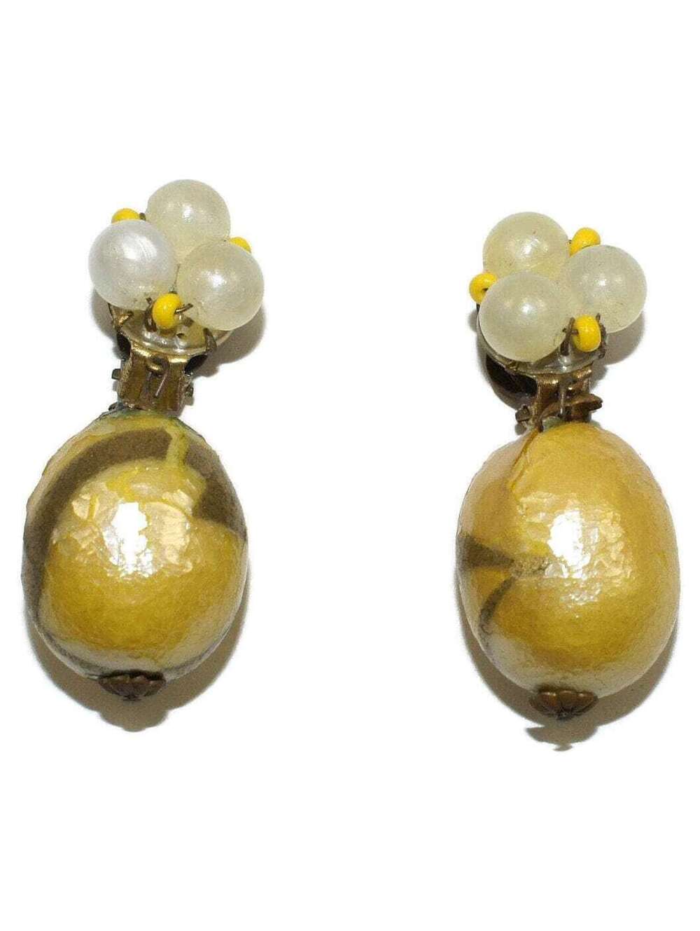 Vintage Gold Tone, Yellow Foam and White Plastic Clip on Earrings.